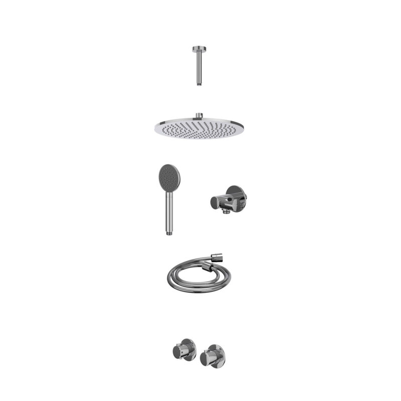 Winkelwagen 9 Excl. inbouwbox regendoucheset inbouwthermostaatkraan met 2-weg stop-omstel symmetry, 15cm plafondbuis, R30cmME, verstelbare steun met geïnt. uitlaat, doucheslang 150cm en satin spray handdouche