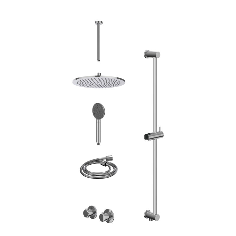 Winkelwagen 31 Excl. inbouwbox regendoucheset inbouwthermostaatkraan met 2-weg stop-omstel symmetry, 30cm plafondbuis, R30cmME, glijstang met uitlaat, doucheslang 150cm en satin spray handdouche