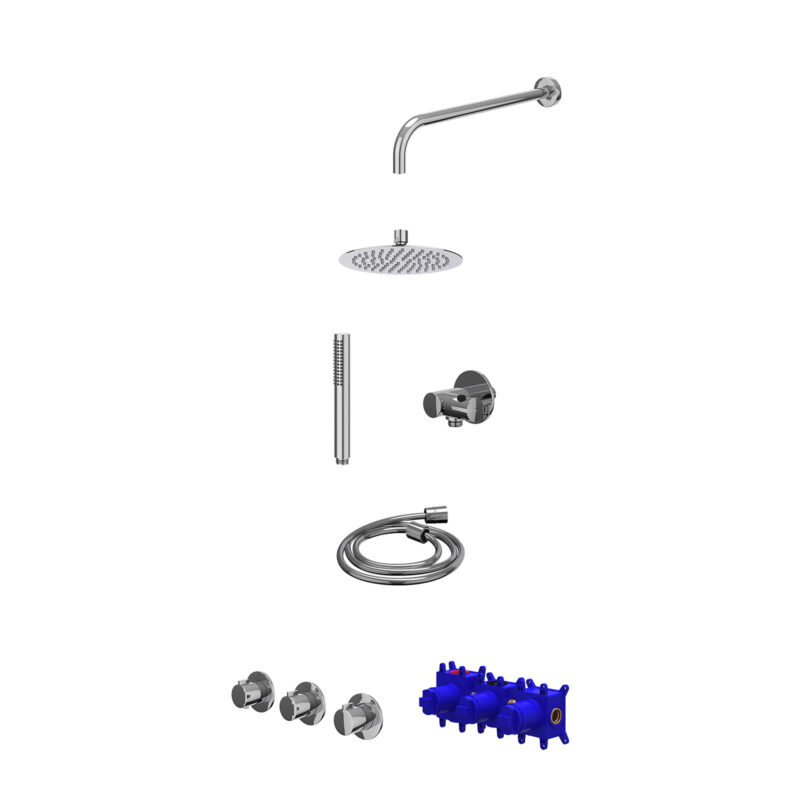 Regendoucheset inbouwthermostaatkraan met 2 vaste stopkranen symmetry, wandarm, R20cmSL, verstelbare steun met geïnt. uitlaat, doucheslang 150cm en staafmodel