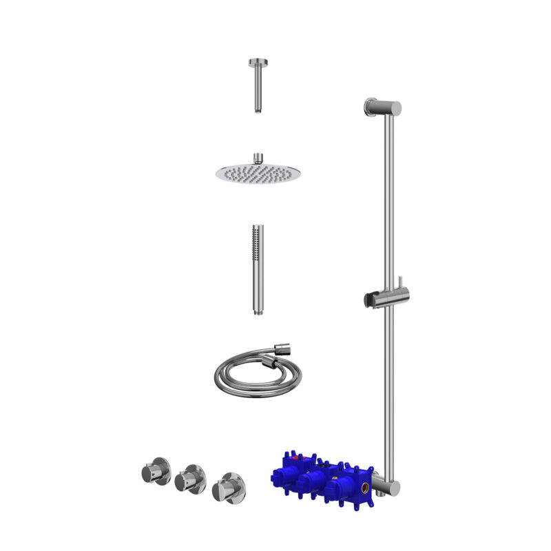 Regendoucheset inbouwthermostaatkraan met 2 vaste stopkranen symmetry, plafondbuis 15cm, R20cmSL, glijstang met uitlaat, doucheslang 150cm en staafmodel