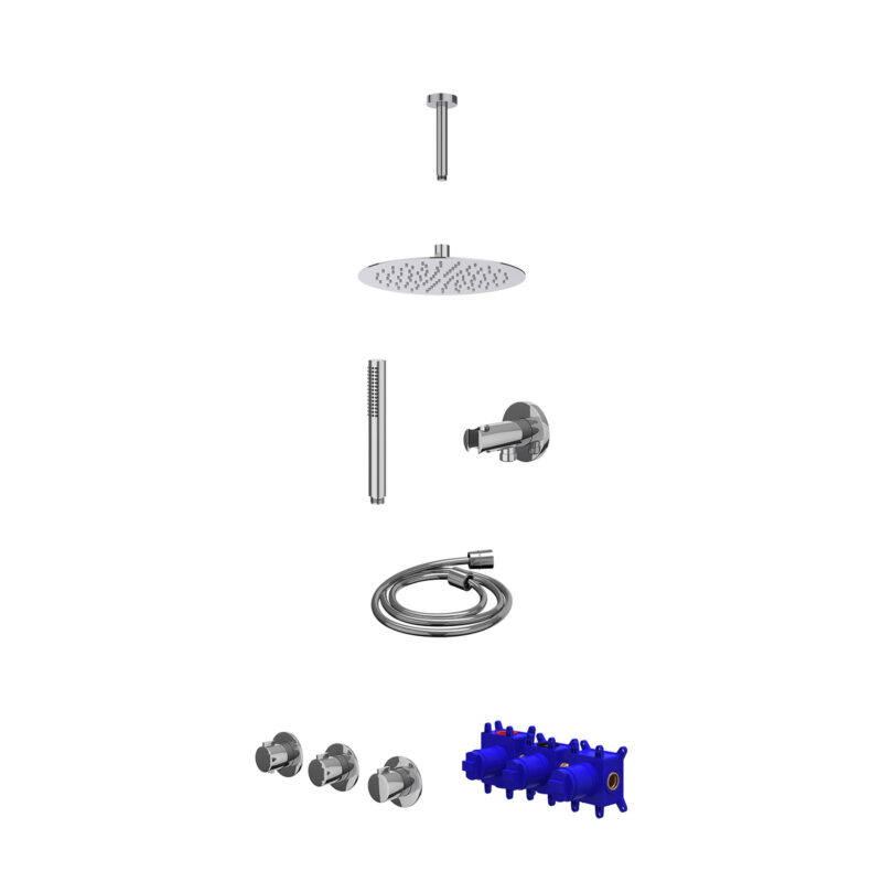 Regendoucheset inbouwthermostaatkraan met 2 vaste stopkranen symmetry, plafondbuis 15cm, R25cmSL, houder met uitlaat, douches
