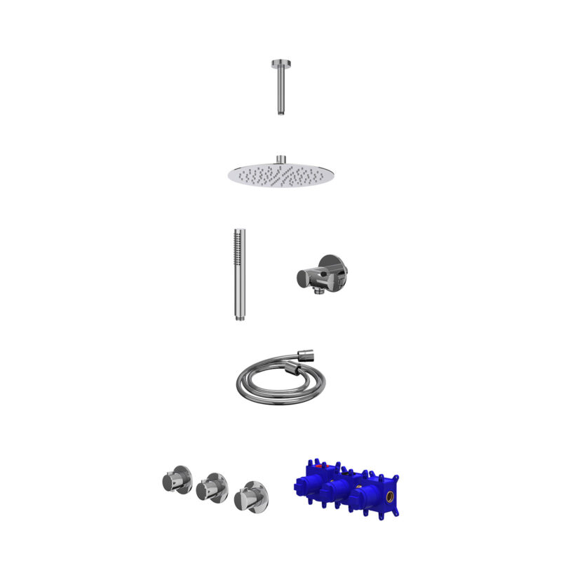Regendoucheset inbouwthermostaatkraan met 2 vaste stopkranen symmetry, plafondbuis 15cm, R25cmSL, verstelbare steun met geïnt. uitlaat, doucheslang 150cm en staafmodel