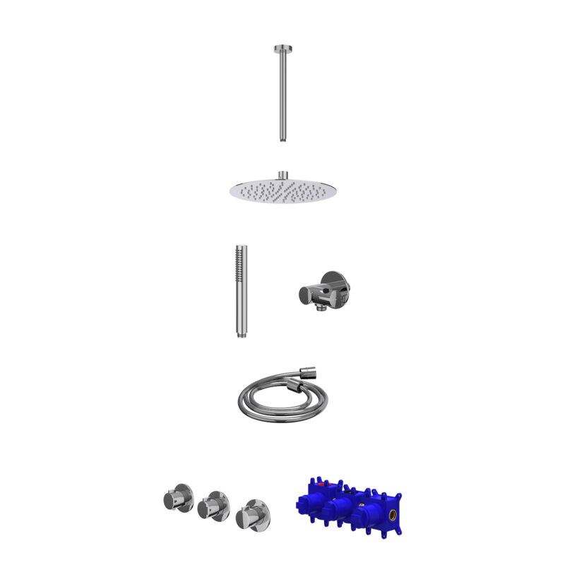 Regendoucheset inbouwthermostaatkraan met 2 vaste stopkranen symmetry, plafondbuis 30cm, R25cmSL, verstelbare steun met geïnt. uitlaat, doucheslang 150cm en staafmodel