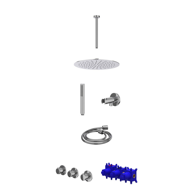 Winkelwagen 22 Regendoucheset inbouwthermostaatkraan met 2 vaste stopkranen symmetry, plafondbuis 30cm, R30cmSL, houder met uitlaat, doucheslang 150cm en staafmodel
