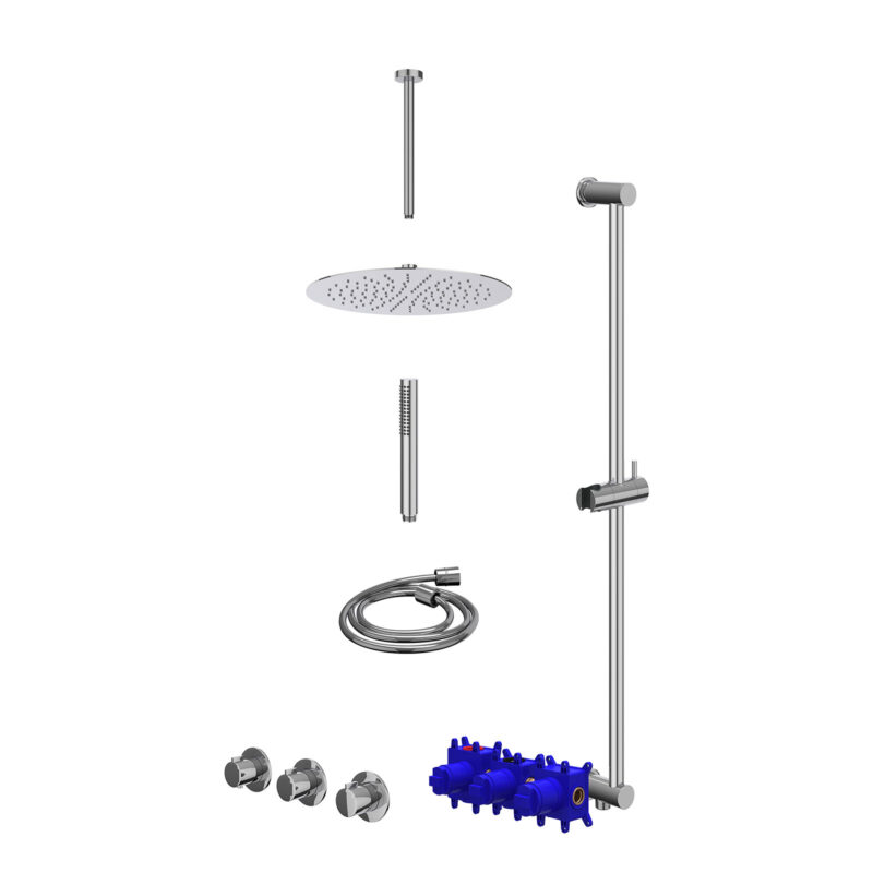 Regendoucheset inbouwthermostaatkraan met 2 vaste stopkranen symmetry, plafondbuis 30cm, R30cmSL, glijstang met uitlaat, douc