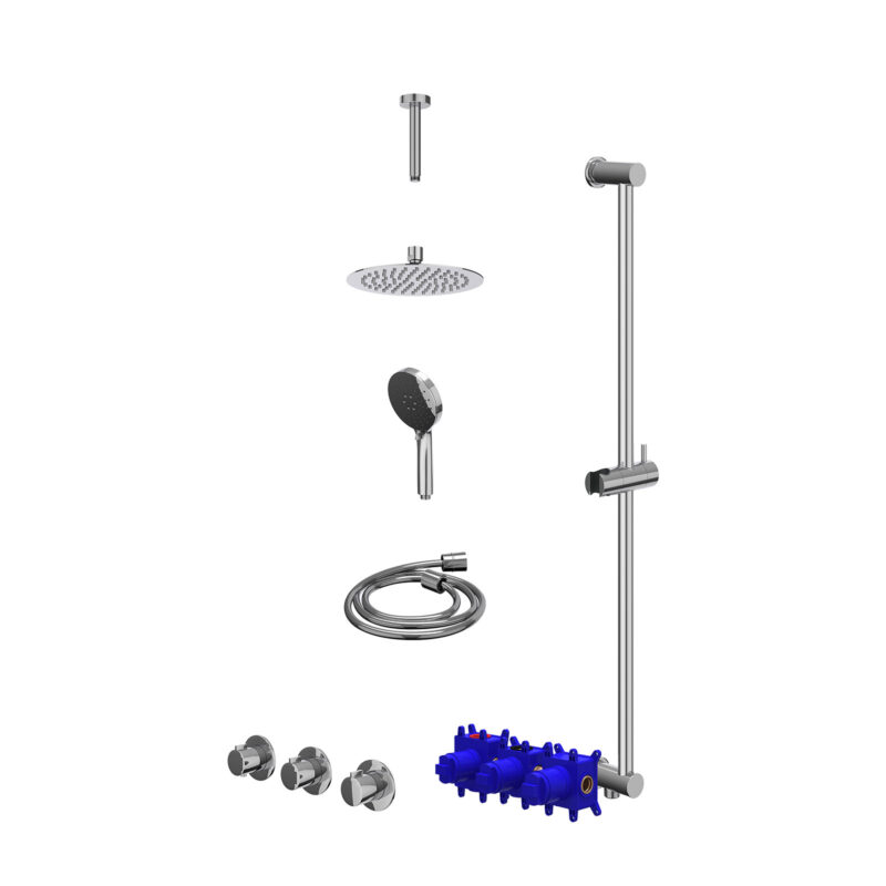 Regendoucheset inbouwthermostaatkraan met 2 vaste stopkranen symmetry, plafondbuis 15cm, R20cmSL, glijstang met uitlaat, doucheslang 150cm en 3-standen handdouche