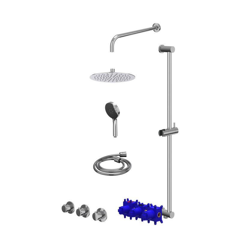 Regendoucheset inbouwthermostaatkraan met 2 vaste stopkranen symmetry, wandarm, R25cmSL, glijstang met uitlaat, doucheslang 150cm en 3-standen handdouche