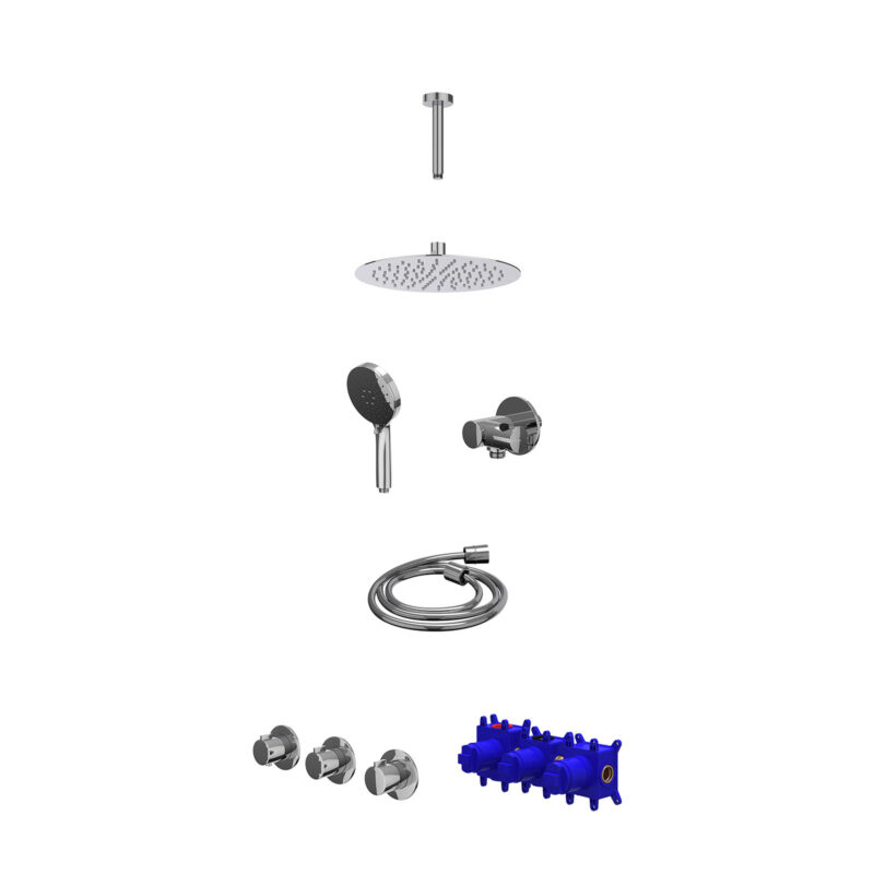 Regendoucheset inbouwthermostaatkraan met 2 vaste stopkranen symmetry, plafondbuis 15cm, R25cmSL, verstelbare steun met geïnt