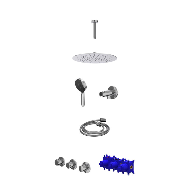 Regendoucheset inbouwthermostaatkraan met 2 vaste stopkranen symmetry, plafondbuis 15cm, R30cmSL, houder met uitlaat, douches
