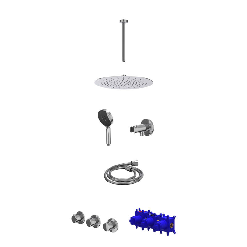 Winkelwagen 45 Regendoucheset inbouwthermostaatkraan met 2 vaste stopkranen symmetry, plafondbuis 30cm, R30cmSL, houder met uitlaat, doucheslang 150cm en 3-standen handdouche