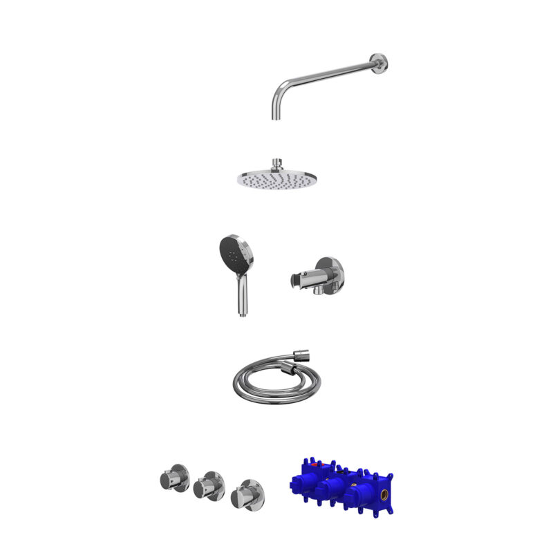 Regendoucheset inbouwthermostaatkraan met 2 vaste stopkranen symmetry, wandarm, R20cmME, houder met uitlaat, doucheslang 150cm en 3-standen handdouche