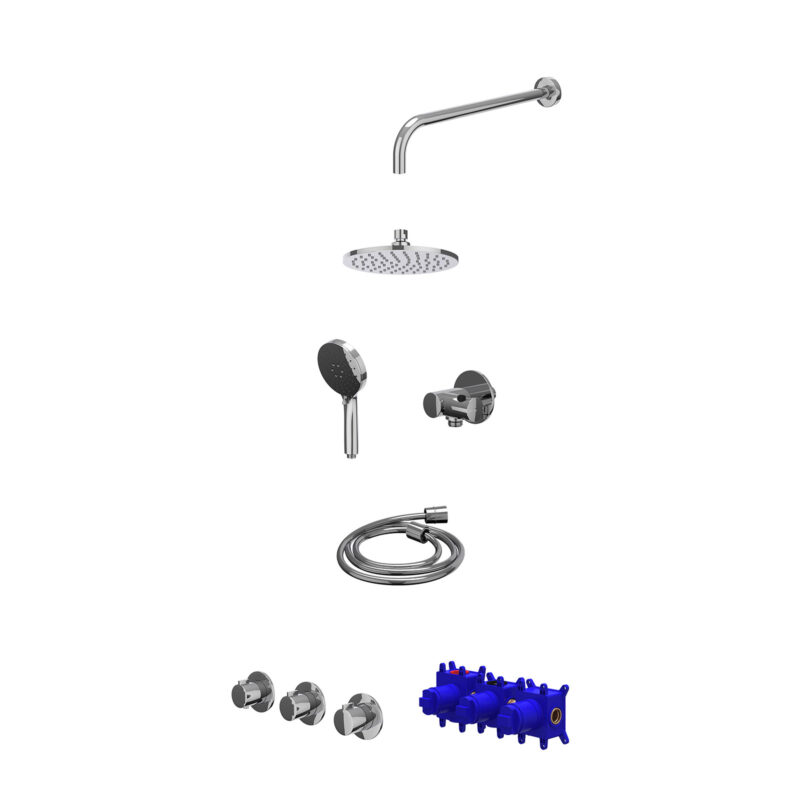 Winkelwagen 14 Regendoucheset inbouwthermostaatkraan met 2 vaste stopkranen symmetry, wandarm, R20cmME, verstelbare steun met geïnt. uitlaat, doucheslang 150cm en 3-standen handdouche