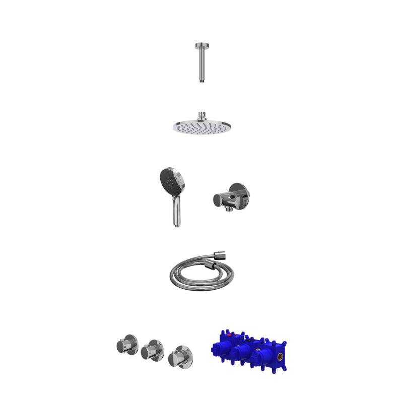 Regendoucheset inbouwthermostaatkraan met 2 vaste stopkranen symmetry, plafondbuis 15cm, R20cmME, verstelbare steun met geïnt