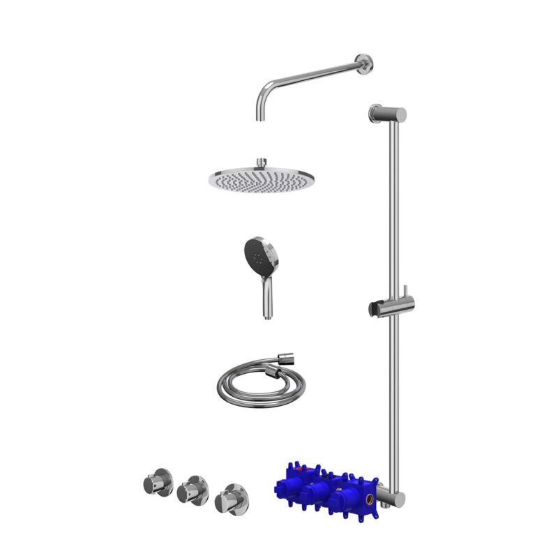 Regendoucheset inbouwthermostaatkraan met 2 vaste stopkranen symmetry, wandarm, R25cmME, glijstang met uitlaat, doucheslang 150cm en 3-standen handdouche