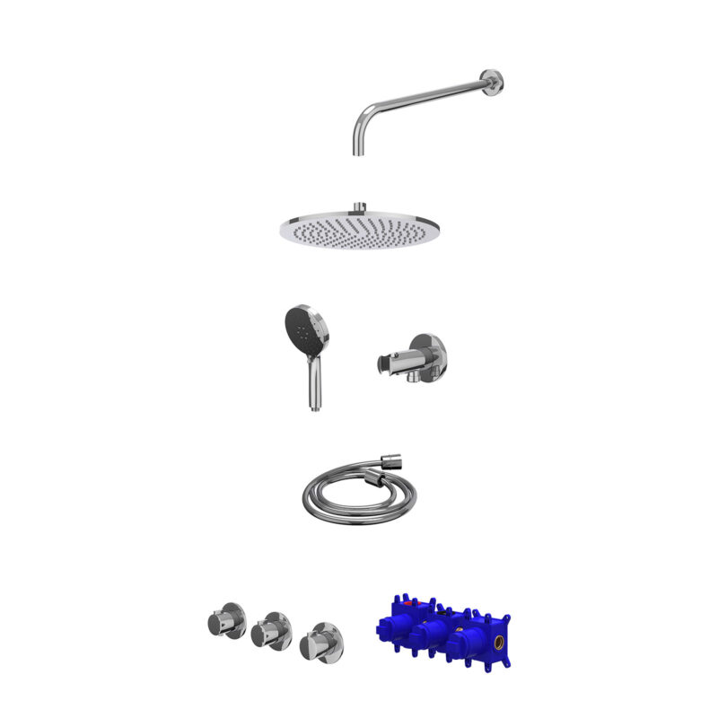 Regendoucheset inbouwthermostaatkraan met 2 vaste stopkranen symmetry, wandarm, R30cmME, houder met uitlaat, doucheslang 150c