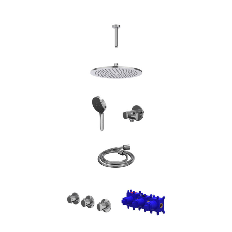 Regendoucheset inbouwthermostaatkraan met 2 vaste stopkranen symmetry, plafondbuis 15cm, R30cmME, verstelbare steun met geïnt