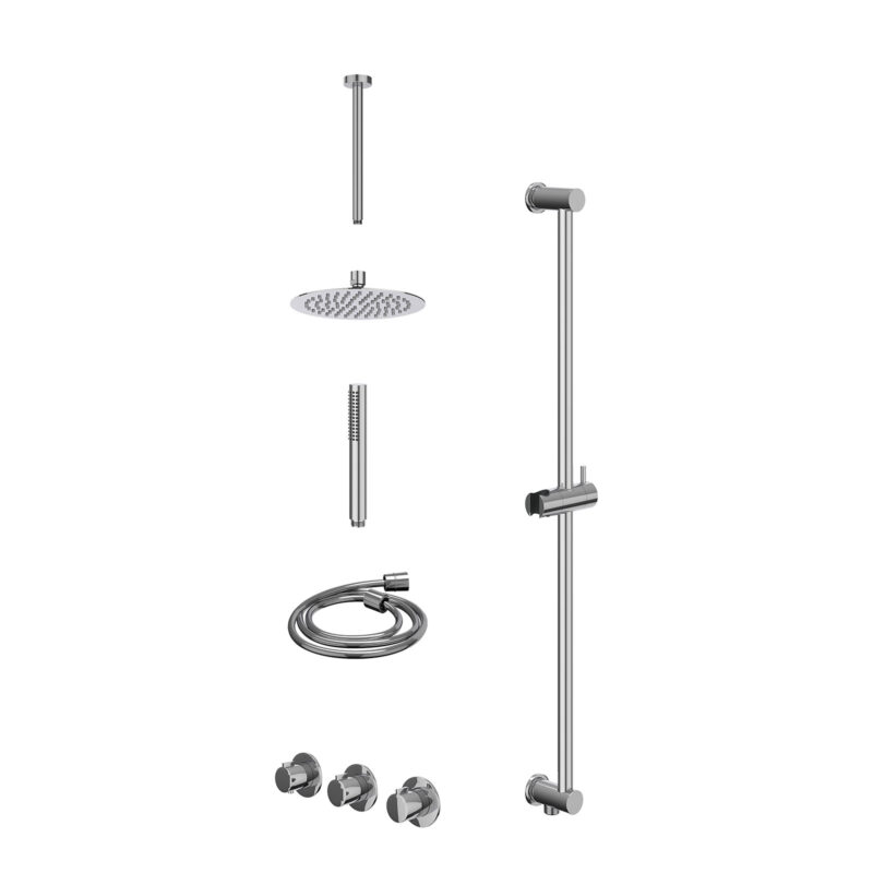 Excl. inbouwbox regendoucheset inbouwthermostaatkraan met 2 vaste stopkranen symmetry, plafondbuis 30cm, R20cmSL, glijstang met uitlaat, doucheslang 150cm en staafmodel
