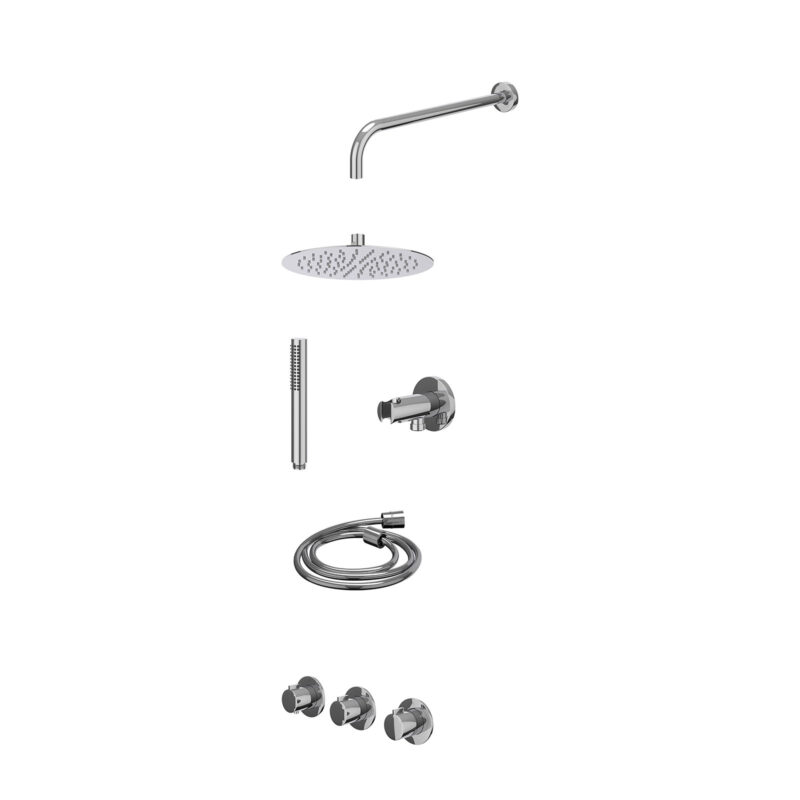 Winkelwagen 32 Excl. inbouwbox regendoucheset inbouwthermostaatkraan met 2 vaste stopkranen symmetry, wandarm, R25cmSL, houder met uitlaat, doucheslang 150cm en staafmodel