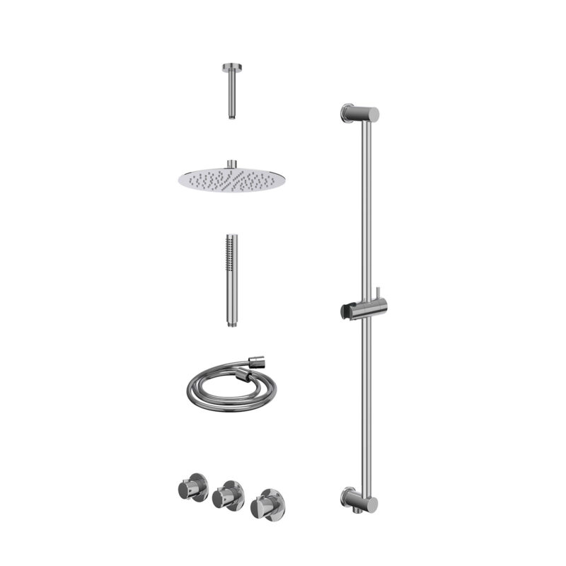Winkelwagen 42 Excl. inbouwbox regendoucheset inbouwthermostaatkraan met 2 vaste stopkranen symmetry, plafondbuis 15cm, R25cmSL, glijstang met uitlaat, doucheslang 150cm en staafmodel