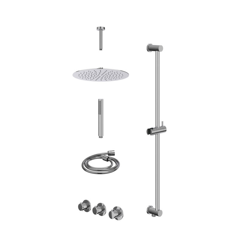 Excl. inbouwbox regendoucheset inbouwthermostaatkraan met 2 vaste stopkranen symmetry, plafondbuis 15cm, R30cmSL, glijstang met uitlaat, doucheslang 150cm en staafmodel