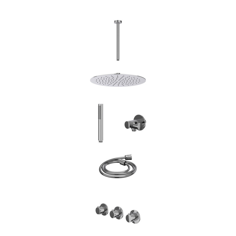 Excl. inbouwbox regendoucheset inbouwthermostaatkraan met 2 vaste stopkranen symmetry, plafondbuis 30cm, R30cmSL, verstelbare steun met geïnt. uitlaat, doucheslang 150cm en staafmodel