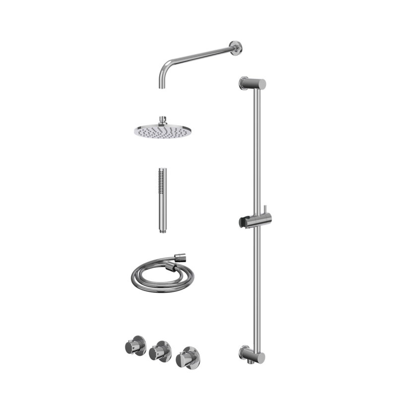 Excl. inbouwbox regendoucheset inbouwthermostaatkraan met 2 vaste stopkranen symmetry, wandarm, R20cmME, glijstang met uitlaat, doucheslang 150cm en staafmodel