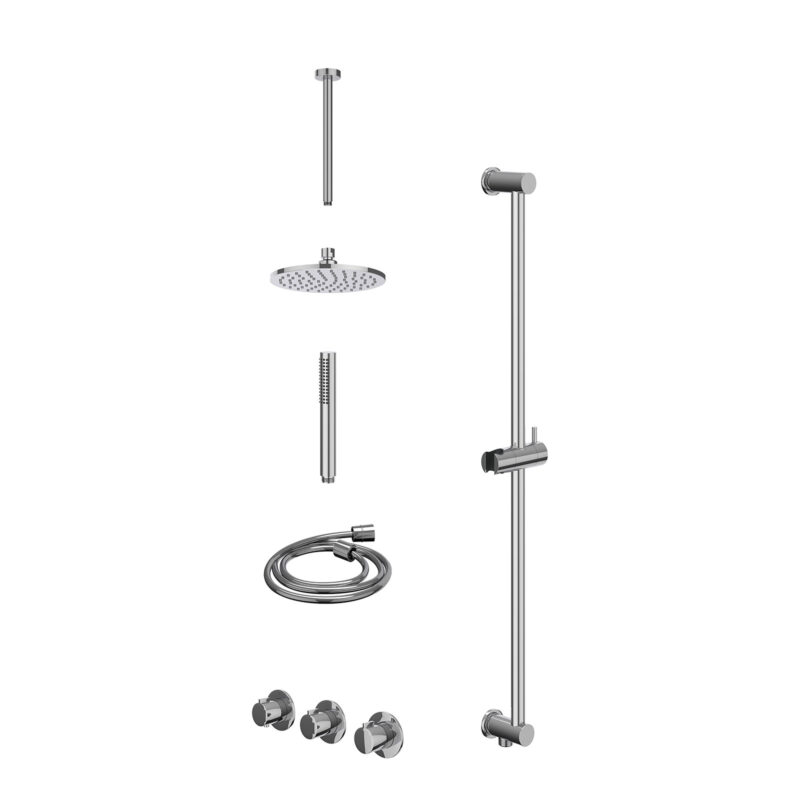 Excl. inbouwbox regendoucheset inbouwthermostaatkraan met 2 vaste stopkranen symmetry, plafondbuis 30cm, R20cmME, glijstang met uitlaat, doucheslang 150cm en staafmodel