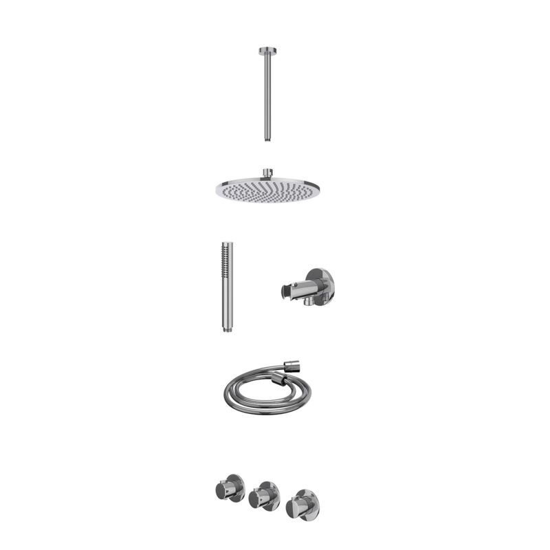 Excl. inbouwbox regendoucheset inbouwthermostaatkraan met 2 vaste stopkranen symmetry, plafondbuis 30cm, R25cmME, houder met uitlaat, doucheslang 150cm en staafmodel