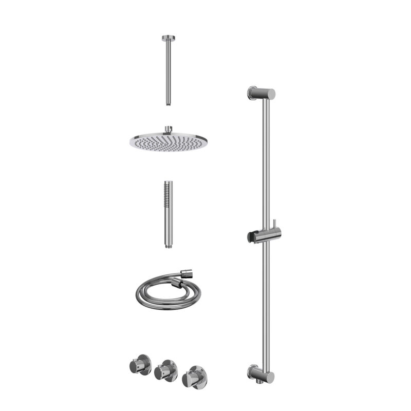 Excl. inbouwbox regendoucheset inbouwthermostaatkraan met 2 vaste stopkranen symmetry, plafondbuis 30cm, R25cmME, glijstang met uitlaat, doucheslang 150cm en staafmodel