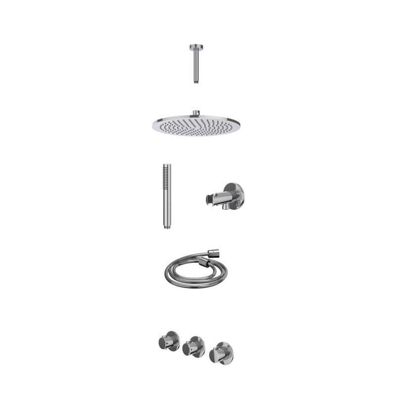 Excl. inbouwbox regendoucheset inbouwthermostaatkraan met 2 vaste stopkranen symmetry, plafondbuis 15cm, R30cmME, houder met uitlaat, doucheslang 150cm en staafmodel