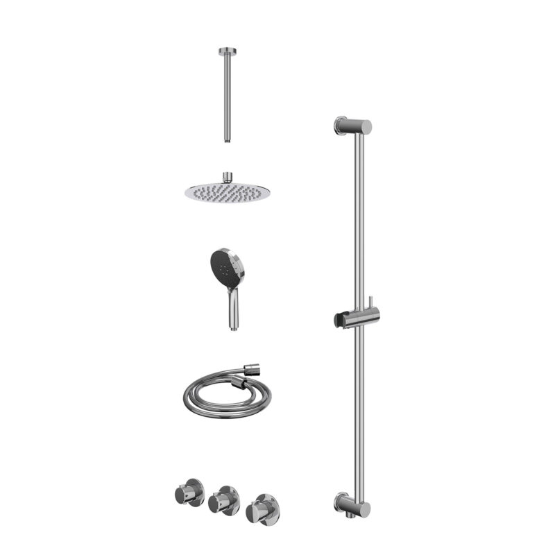 Excl. inbouwbox regendoucheset inbouwthermostaatkraan met 2 vaste stopkranen symmetry, plafondbuis 30cm, R20cmSL, glijstang met uitlaat, doucheslang 150cm en 3-standen handdouche