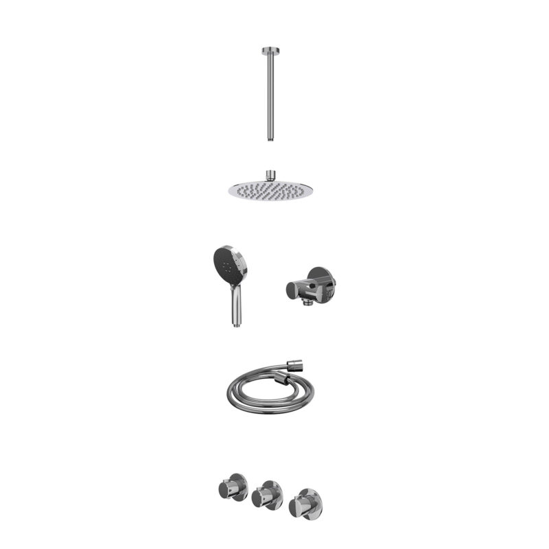Excl. inbouwbox regendoucheset inbouwthermostaatkraan met 2 vaste stopkranen symmetry, plafondbuis 30cm, R20cmSL, verstelbare steun met geïnt. uitlaat, doucheslang 150cm en 3-standen handdouche