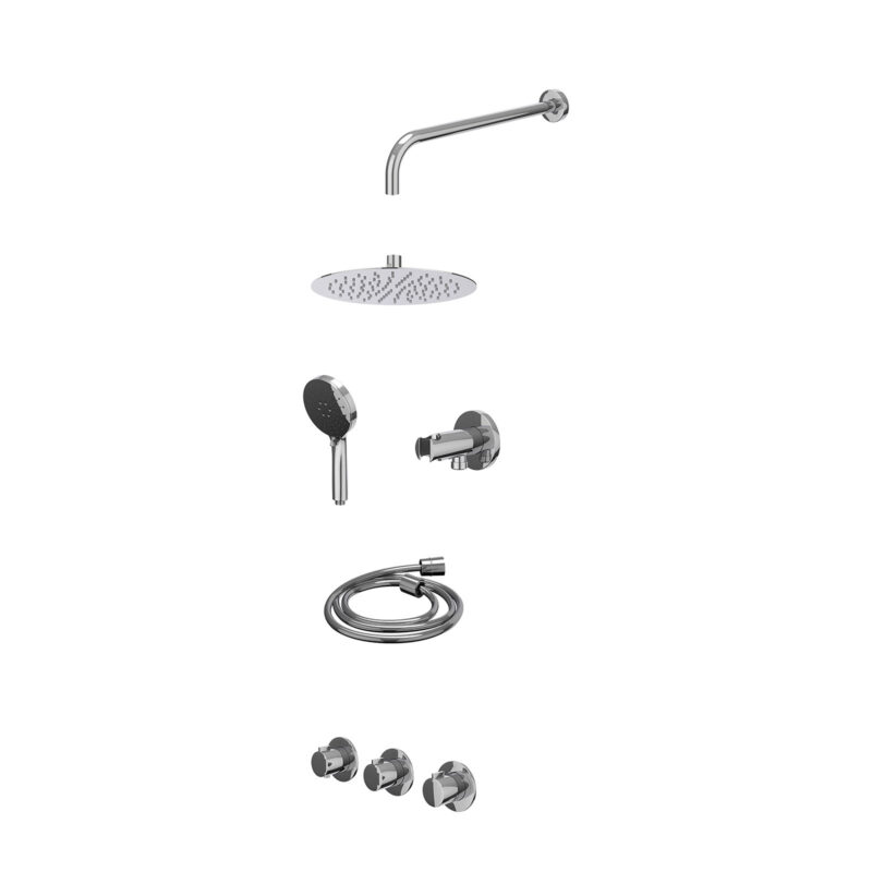 Excl. inbouwbox regendoucheset inbouwthermostaatkraan met 2 vaste stopkranen symmetry, wandarm, R25cmSL, houder met uitlaat, doucheslang 150cm en 3-standen handdouche