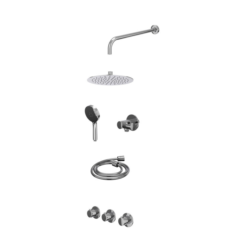 Excl. inbouwbox regendoucheset inbouwthermostaatkraan met 2 vaste stopkranen symmetry, wandarm, R25cmSL, verstelbare steun met geïnt. uitlaat, doucheslang 150cm en 3-standen handdouche