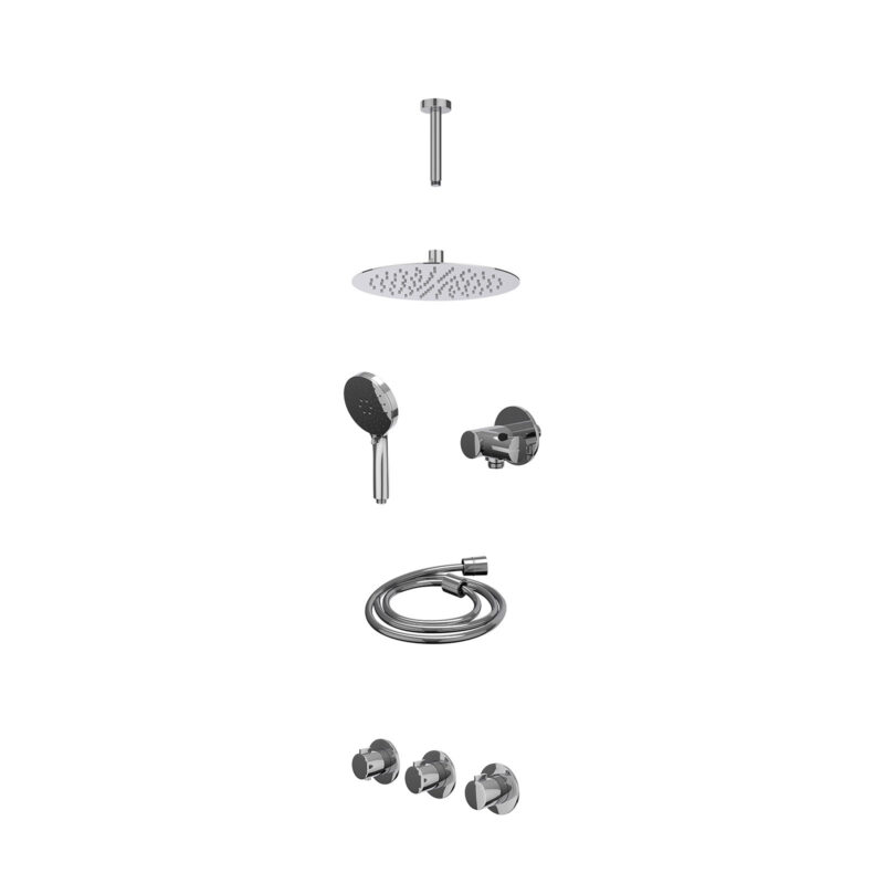 Winkelwagen 30 Excl. inbouwbox regendoucheset inbouwthermostaatkraan met 2 vaste stopkranen symmetry, plafondbuis 15cm, R25cmSL, verstelbare steun met geïnt. uitlaat, doucheslang 150cm en 3-standen handdouche