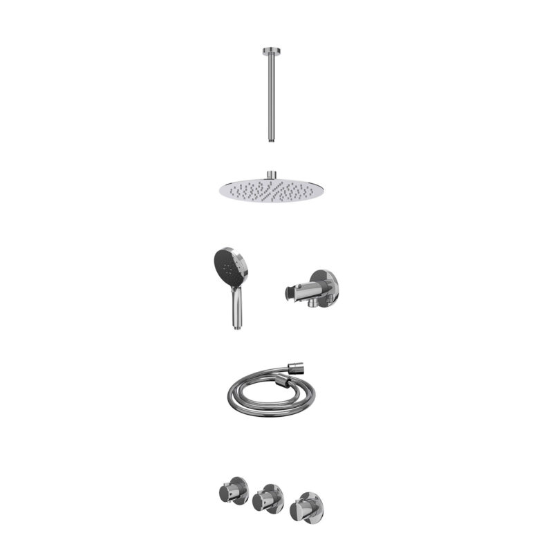 Excl. inbouwbox regendoucheset inbouwthermostaatkraan met 2 vaste stopkranen symmetry, plafondbuis 30cm, R25cmSL, houder met uitlaat, doucheslang 150cm en 3-standen handdouche
