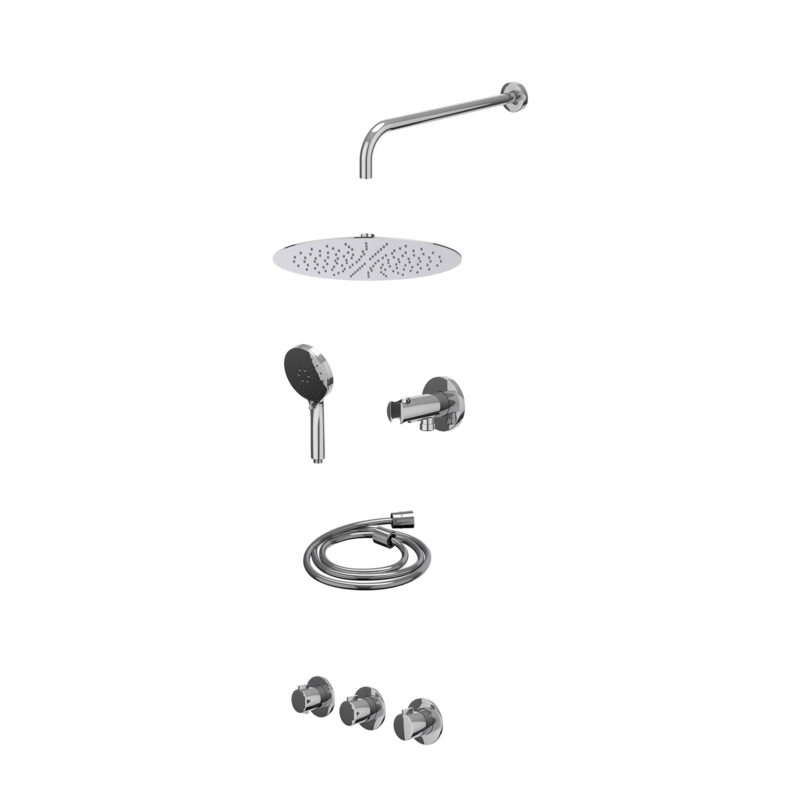 Excl. inbouwbox regendoucheset inbouwthermostaatkraan met 2 vaste stopkranen symmetry, wandarm, R30cmSL, houder met uitlaat, doucheslang 150cm en 3-standen handdouche