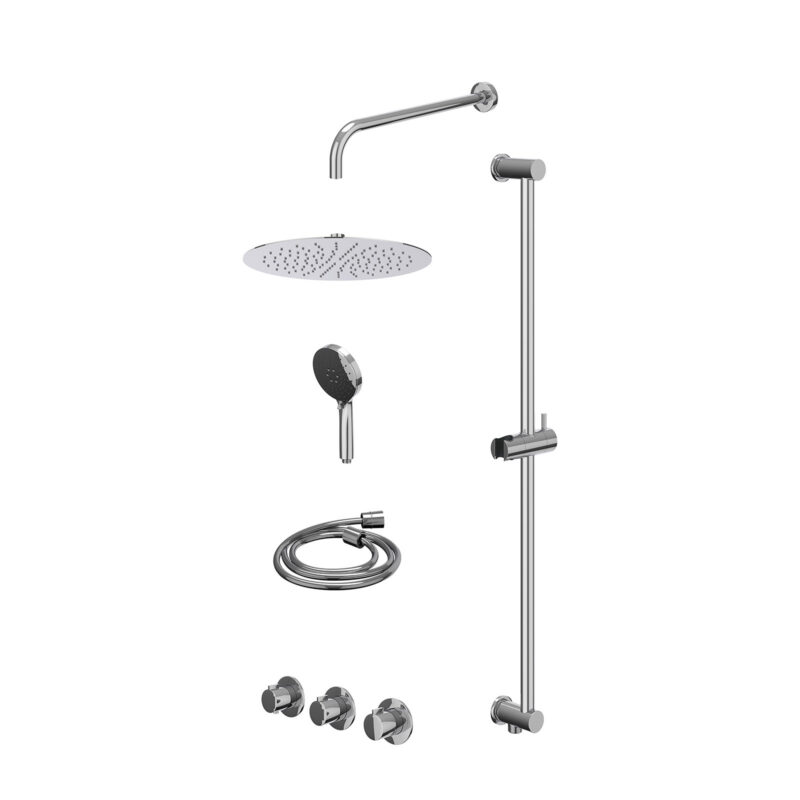Excl. inbouwbox regendoucheset inbouwthermostaatkraan met 2 vaste stopkranen symmetry, wandarm, R30cmSL, glijstang met uitlaat, doucheslang 150cm en 3-standen handdouche