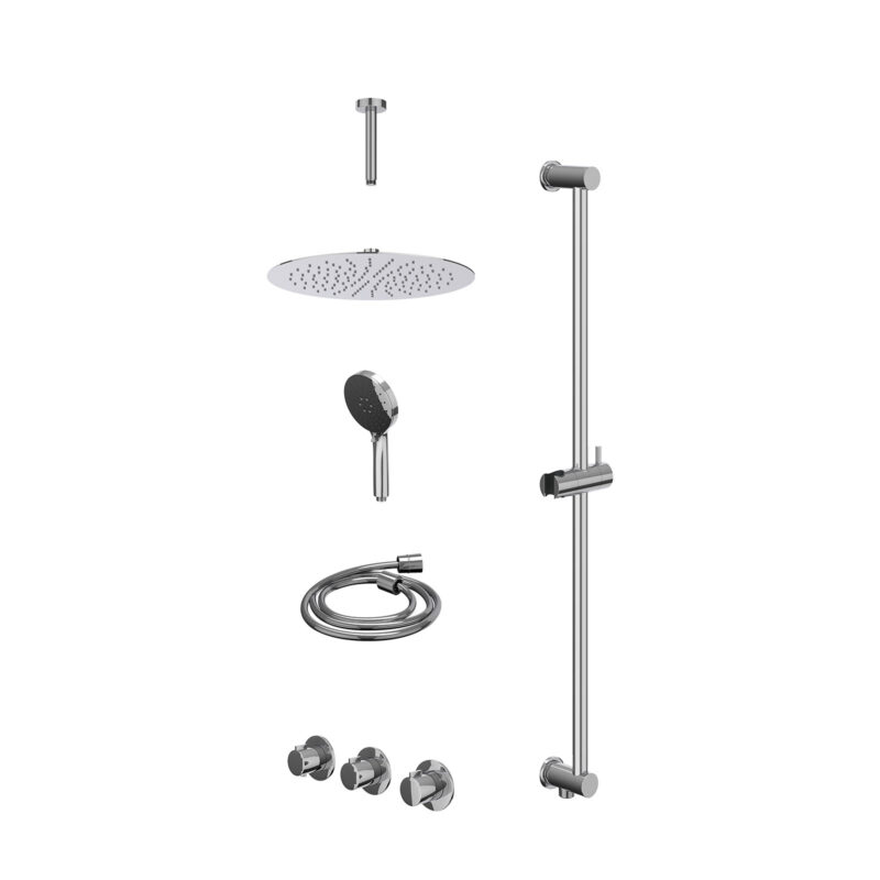 Winkelwagen 21 Excl. inbouwbox regendoucheset inbouwthermostaatkraan met 2 vaste stopkranen symmetry, plafondbuis 15cm, R30cmSL, glijstang met uitlaat, doucheslang 150cm en 3-standen handdouche