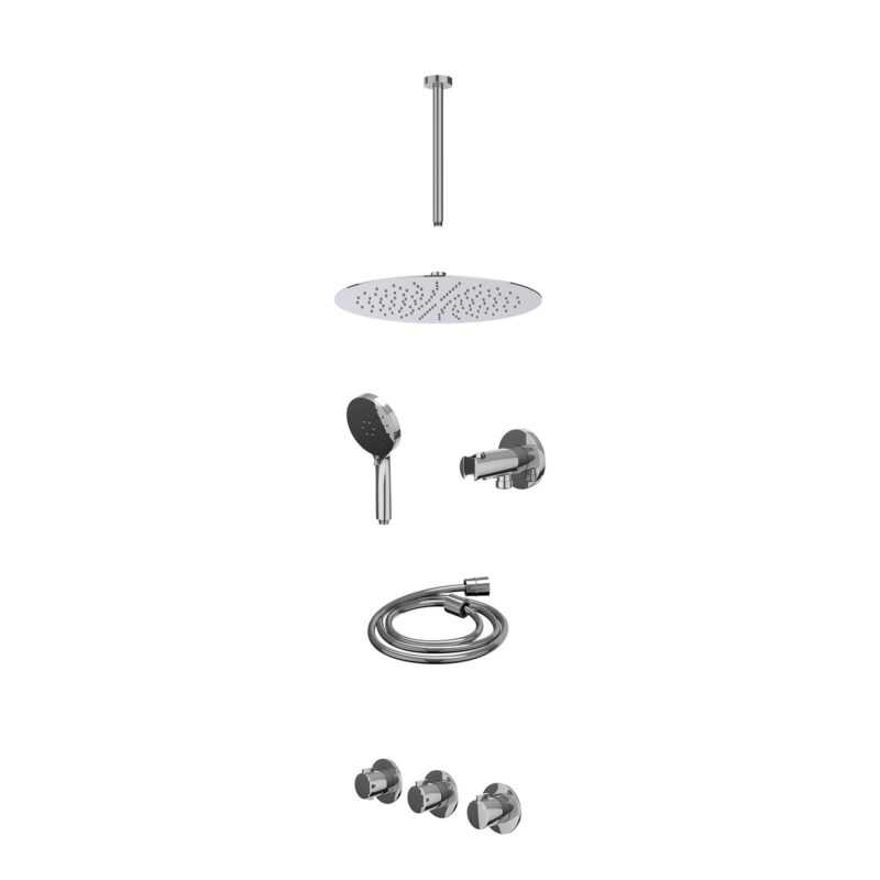 Winkelwagen 28 Excl. inbouwbox regendoucheset inbouwthermostaatkraan met 2 vaste stopkranen symmetry, plafondbuis 30cm, R30cmSL, houder met uitlaat, doucheslang 150cm en 3-standen handdouche