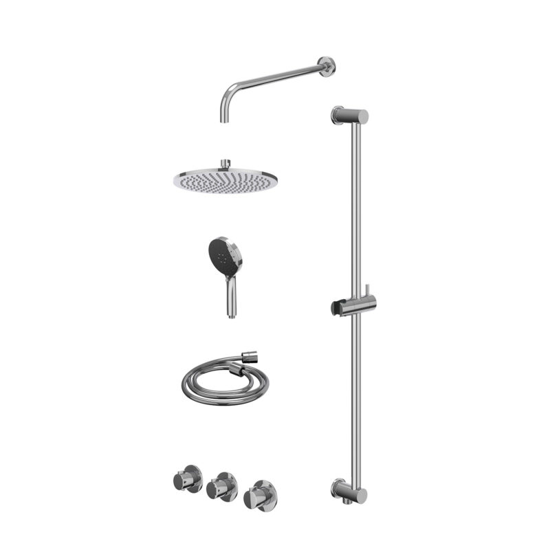 Excl. inbouwbox regendoucheset inbouwthermostaatkraan met 2 vaste stopkranen symmetry, wandarm, R25cmME, glijstang met uitlaat, doucheslang 150cm en 3-standen handdouche