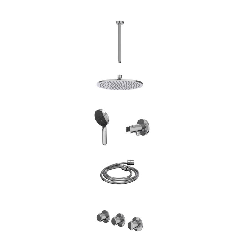 Excl. inbouwbox regendoucheset inbouwthermostaatkraan met 2 vaste stopkranen symmetry, plafondbuis 30cm, R25cmME, houder met uitlaat, doucheslang 150cm en 3-standen handdouche