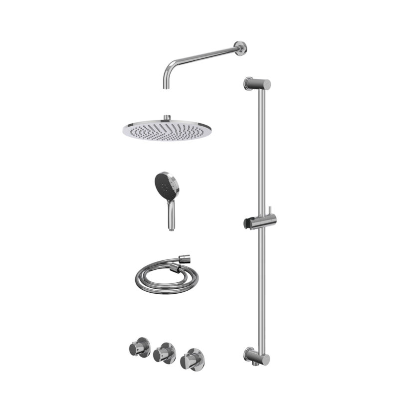 Excl. inbouwbox regendoucheset inbouwthermostaatkraan met 2 vaste stopkranen symmetry, wandarm, R30cmME, glijstang met uitlaat, doucheslang 150cm en 3-standen handdouche