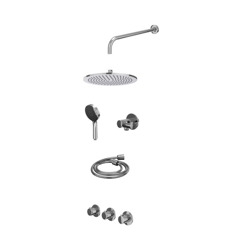 Excl. inbouwbox regendoucheset inbouwthermostaatkraan met 2 vaste stopkranen symmetry, wandarm, R30cmME, verstelbare steun met geïnt. uitlaat, doucheslang 150cm en 3-standen handdouche