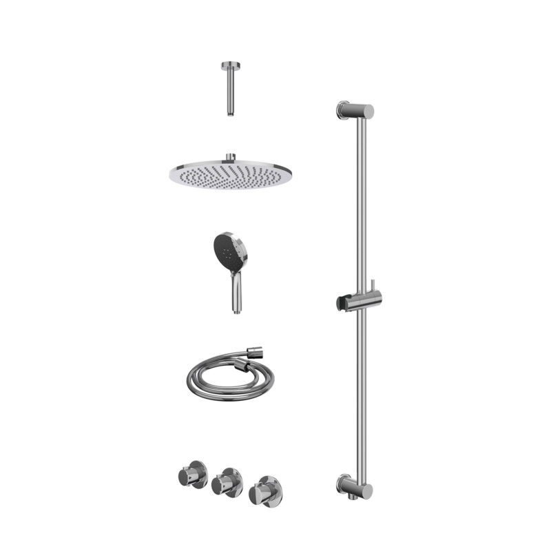 Excl. inbouwbox regendoucheset inbouwthermostaatkraan met 2 vaste stopkranen symmetry, plafondbuis 15cm, R30cmME, glijstang met uitlaat, doucheslang 150cm en 3-standen handdouche