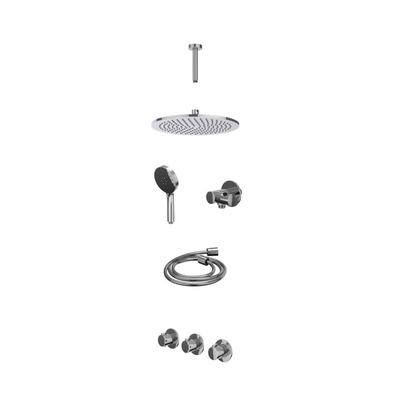 Excl. inbouwbox regendoucheset inbouwthermostaatkraan met 2 vaste stopkranen symmetry, plafondbuis 15cm, R30cmME, verstelbare steun met geïnt. uitlaat, doucheslang 150cm en 3-standen handdouche