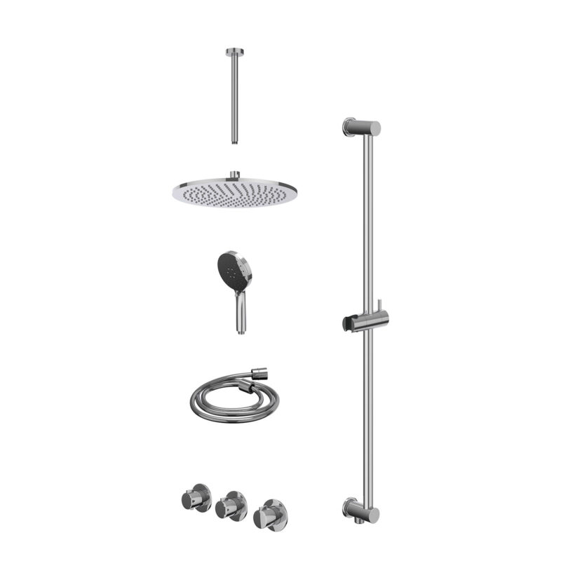 Winkelwagen 21 Excl. inbouwbox regendoucheset inbouwthermostaatkraan met 2 vaste stopkranen symmetry, plafondbuis 30cm, R30cmME, glijstang met uitlaat, doucheslang 150cm en 3-standen handdouche