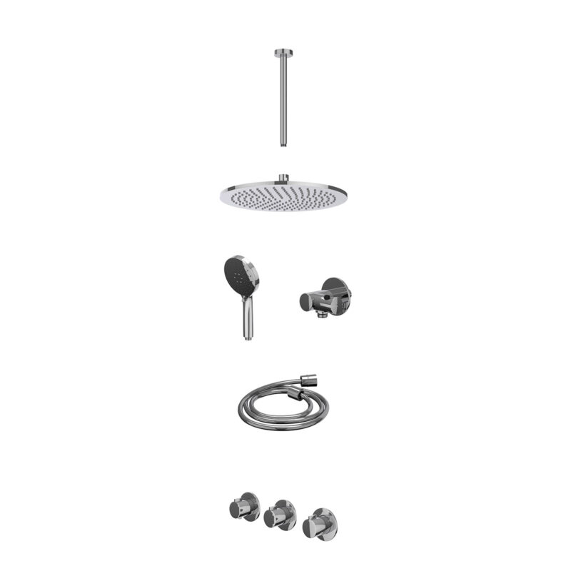 Excl. inbouwbox regendoucheset inbouwthermostaatkraan met 2 vaste stopkranen symmetry, plafondbuis 30cm, R30cmME, verstelbare steun met geïnt. uitlaat, doucheslang 150cm en 3-standen handdouche