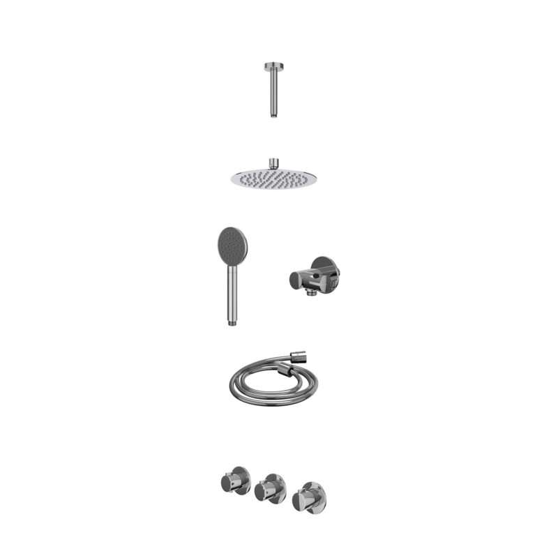 Excl. inbouwbox regendoucheset inbouwthermostaatkraan met 2 vaste stopkranen symmetry, plafondbuis 15cm, R20cmSL, verstelbare steun met geïnt. uitlaat, doucheslang 150cm en satin spray handdouche