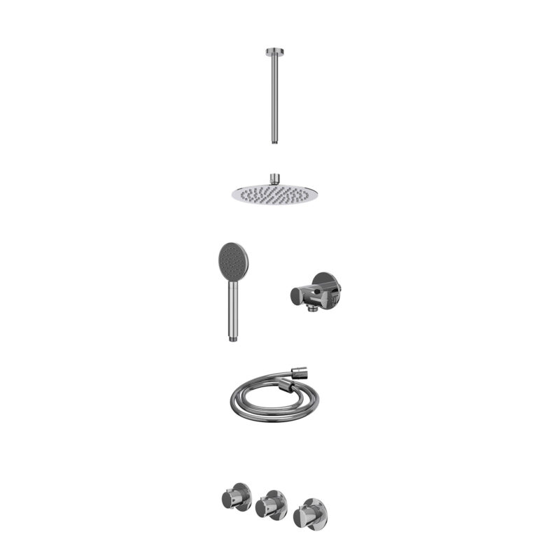 Excl. inbouwbox regendoucheset inbouwthermostaatkraan met 2 vaste stopkranen symmetry, plafondbuis 30cm, R20cmSL, verstelbare steun met geïnt. uitlaat, doucheslang 150cm en satin spray handdouche